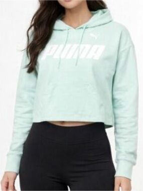 Puma Cropped Hoodie in Mint Green with White Logo